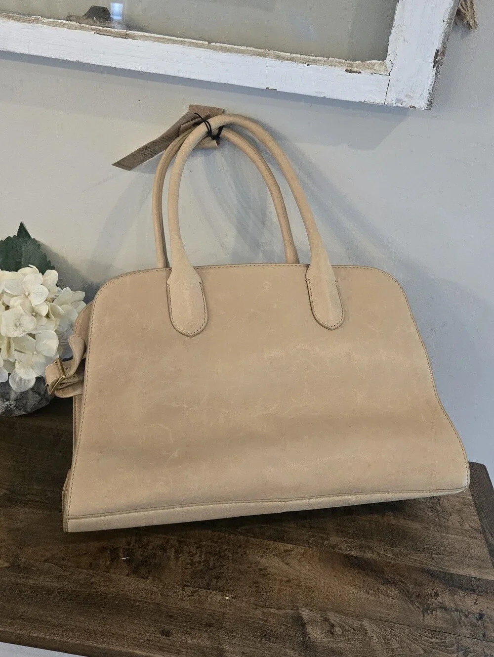 Margot New York Genuine Leather Bowling Bag in color Sand
